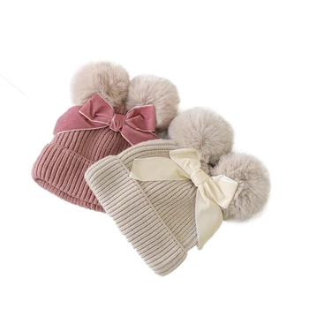 Sevimli Bebek Kız Erkek Kış Örme Bere Bobble Şapka Çift Ponpon Yay Sıcak Kalın Şapka Çocuklar Çocuklar için