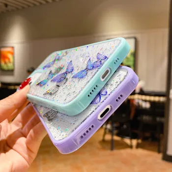 Sevimli Kelebek Karikatür Telefon Kılıfı için iPhone 11 12 Pro Max Mini X XR XS Max 7 8 Artı SE 2020 Glitter Temizle Yumuşak TPU Arka Kapak