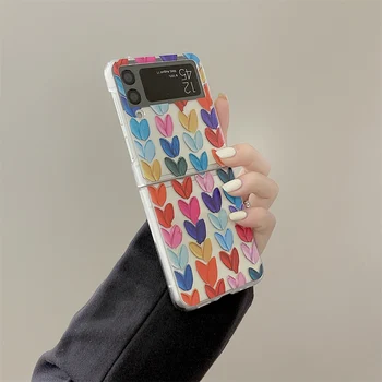 Sevimli Renkli Yağlıboya Aşk Kalpler Temizle Telefon samsung kılıfı Galaxy Z Flip 3 4 Katlanır Ekran Sert PC Kabuk ZFlip3 4