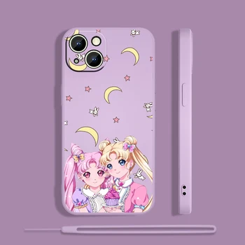 Sevimli Sailor Moon Aşk Apple iPhone 13 12 Mini 11 XS Pro Max X XR 8 7 6 Artı SE 2020 Sıvı Silikon Halat telefon kılıfı