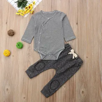 Sevimli Yenidoğan Bebek Erkek Şerit Bebek Romper Erkek Bebek Giysileri Tulum + Pantolon Kıyafetler Giysileri
