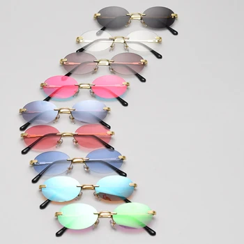 SHAUNA Retro Oval Çerçevesiz Renkli Kadın Güneş Gözlüğü Moda Ayna Kaplama Degrade Gözlük Shades UV400 Erkekler güneş gözlüğü