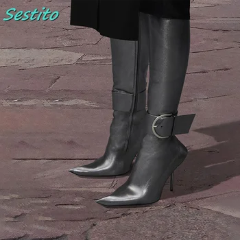 Sivri Burun Kemer Toka Diz Yüksek Çizmeler Deri Stiletto Topuk İç Fermuar Siyah Katı Kadın Ayakkabı Sonbahar Kış Pist Moda