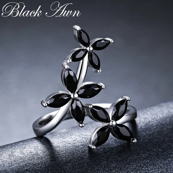 [SIYAH AWN] Gümüş Renk Takı Yüzükler Kadınlar için Siyah Spinel Çiçek Parmak Yüzük moda takı G069