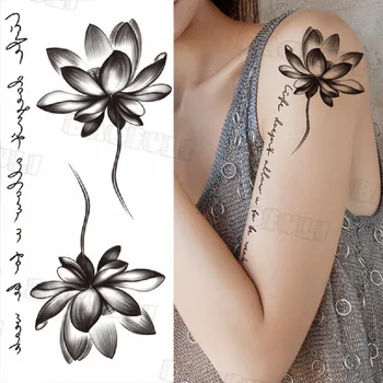 Siyah Ayçiçeği Harfler Geçici Dövmeler Kadınlar İçin Yetişkin Gül Lotus Pusula Gerçekçi Sahte Dövme Vücut Sanatı Dekorasyon Dövmeler
