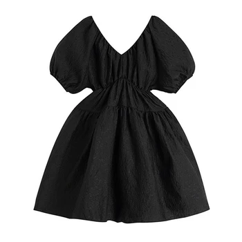 Siyah Bej Kadın Sonbahar Rahat Midi Elbise Puf Kollu V Boyun Zarif Bayanlar Vintage Kadınlar Elbiseler 2021 Jakarlı Sundress Tatlı