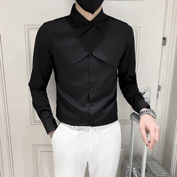 Siyah / Beyaz Bahar Yeni Kişilik Eklenmiş Tasarım Uzun Kollu Smokin Gömlek Erkekler İçin Giyim 2023 Slim Fit Casual Chemise Homme