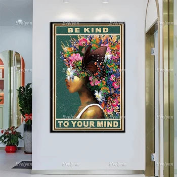 Siyah Kız Tuval Sanat, Nazik Zihin Poster, Kelebek Ve Çiçek Duvar Sanatı, ilham Siyah Kadın Ev Dekor Baskılar