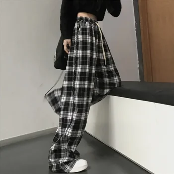 Siyah ve Beyaz Ekose Pantolon Gevşek Kadın Rahat Genç Geniş Bacak Pantolon Retro Ins Yeni Düz Streetwear Hiphop