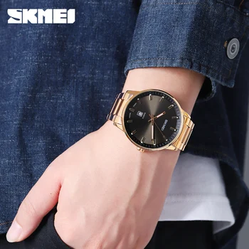 SKMEI Moda Erkekler quartz saat Lüks Çelik Kayış erkek Saatler İş Elbise Kol Saati Basit Arama Tasarım takvimli saat Hediye