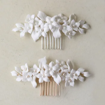 SLBRIDAL El Yapımı Seramik Çiçek İnciler Gelin Saç Tarak Saç Pins küpe seti Düğün saç aksesuarları Kadın Saç Takı