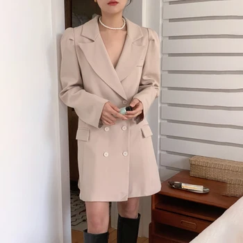Snordıc Kadınlar Vintage İnce Uzun Blazers Ceket Bahar Sonbahar Geri İnce Bel Kruvaze Ofis Bayan Elbise Kadın Düz Renk