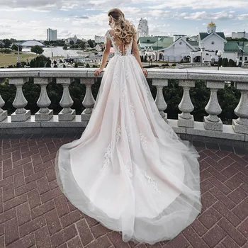 SoDigne Pembe Bohemian düğün elbisesi Cap Kollu Dantel Çiçek ıllusion Örgü Boyun Uzun Gelinlikler Prenses gelin elbiseleri