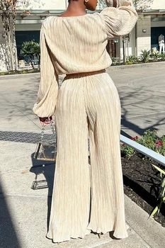 Sokak Rahat Seti Kadınlar Katı Renk Örgü Gevşek Preslenmiş Pleats Yüksek Elastik Geniş Bacak Pantolon Ev İki parçalı Set Moda Kadın Giyim