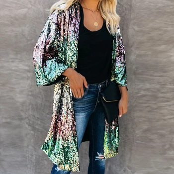 Sonbahar Degrade Payetli Uzun Ceketler Zarif Hırka Kadınlar Uzun Kollu Açık Dikiş Gevşek Uzun Ceket Streetwear Bayanlar Dış Giyim