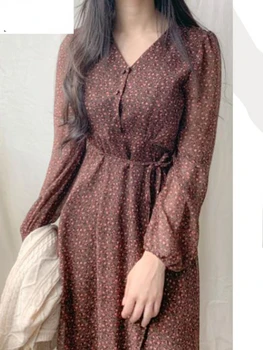 Sonbahar Temel Elbiseler Kadın Moda Uzun Kollu Ince Bel Çiçek Baskılı Vintage Elbise Kore Tarzı Giysiler Sevimli Tasarım 9202