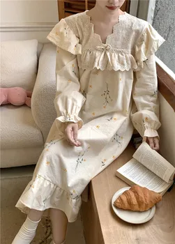 Sonbahar Wnter Pamuk Keten Gecelikler Prenses Tarzı Tatlı Dantel Kıyafeti Retro Çiçek Baskı Pijama V Yaka Rahat Gecelik D766