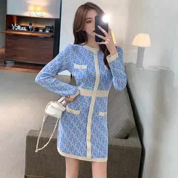 Sonbahar Örme Kazak Elbiseler Moda Kadınlar Uzun Kollu Mektup Baskı Patchwork Cep Mavi Bir Çizgi Elbise