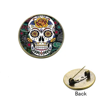 SONGDA Klasik Meksika Şeker Kafatası Broş Rozetleri Düğme Ölü Kültür Sanat Desen Cam Kubbe Eşarp Pimleri Dekoratif