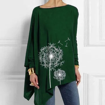 Soyut Baskı T - shirt Uzun Kollu Düzensiz Yeşil Tees Kadın Rahat Y2k Üstleri Kadın Gömlek Estetik Giyim Kazaklar