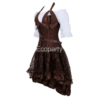 Steampunk Korse Elbise Gotik PU Deri Korse Kırpma Üst Rönesans Bluz Burlesque Etek Seti Korsan Kostüm 45
