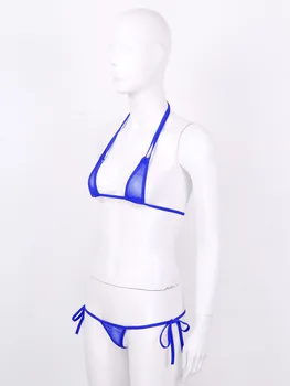 Strappy İç Çamaşırı Takım Elbise Bayan See-through Seksi Mikro bikini seti Üçgen Örgü Mayo Halter Boyun Sütyen Üstleri T-Geri Tanga Külot