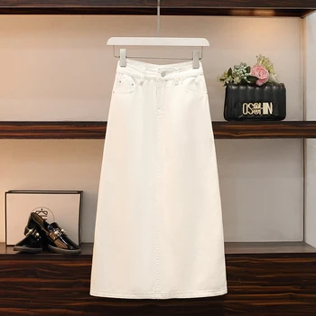Streetwear Beyaz kadın A-Line Etekler Kot Yaz 2021 Yüksek Bel Seksi Bölünmüş Yıkanmış Uzun Etek Denim Saias Kadın