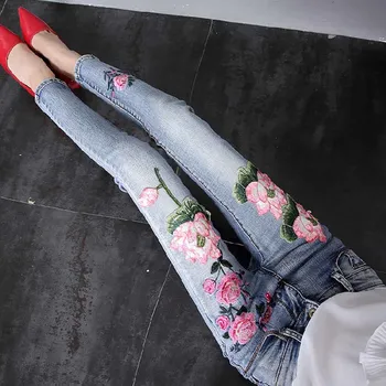 Streç İnce kalem pantolon Kadın Çiçek Nakış Kot Lotus Çiçek İşlemeli Kot Pantolon Skinny Jeans Kot