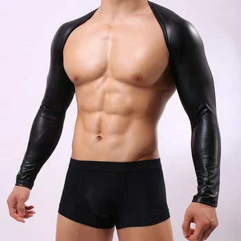 Suni Deri Erkek Siyah Örgü kısa kollu t-Shirt Uzun Kollu Seksi Eşcinsel Güreş Üst erkek Şal İç Çamaşırı Kesme Sahne Kostümleri Göğüs