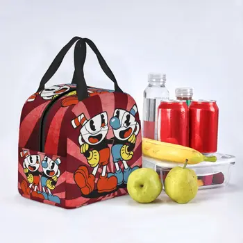 Sıcak Oyun Karikatür Cuphead Mugman Öğle Yemeği Çantası Kadın Soğutucu Termal Yalıtımlı yemek taşıma çantası Kutusu Iş Okul Piknik Gıda Torbaları