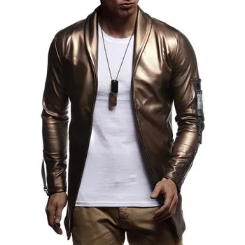 Sıcak Satış Gece Kulübü Deri Ceket Erkekler Yeni Moda Slim Fit Motosiklet Deri Ceket Altın / Gümüş Blazer Ceket Erkek PU Ceket