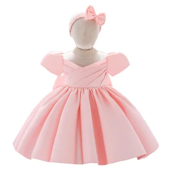 Sıcak Satış Çiçek Kabarcık Kollu Saten Çocuk balo elbisesi İlk Doğum Günü Partisi Gösterisi Prenses Elbise Vestido YT021