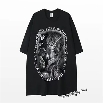 Sınırlı Yeni T-shirt Avrupa ve Amerikan Melek Kanat Heykeli Harajuku Retro Sokak Tasarımı Rahat Gotik Tarzı Pamuklu erkek tişörtü
