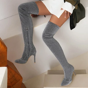 Tasarım Bling Yüksek Topuklu Kadın Chelsea Çizmeler Yeni Kış 2022 Stiletto Yüksek Topuk Uyluk Yüksek Çizmeler Zip Zarif Seksi parti ayakkabıları