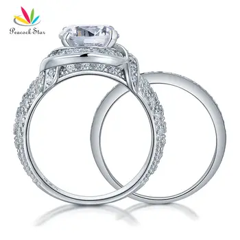 Tavuskuşu Yıldız Lüks Katı 925 Ayar Gümüş Düğün Yıldönümü Nişan Yüzüğü Seti Vintage Stil 2 Ct CFR8239