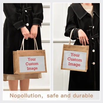 Taşınabilir Çuval Bezi Jüt alışveriş çantası Çanta Kolları Tote Retro DIY Çanta Müzik Özel desen Çanta Kadın Çok boyutlu Plaj Çantası
