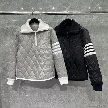 TB THOM erkek Ceket Kış Moda Marka Mont 4-Bar Şerit Elmas Kafes Turn Down Yaka Pamuk-Yastıklı Zip Kazak Ceketler