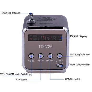 TD-V26 Mini Radyo Alıcısı İle USB Taşınabilir Hoparlörler Fm Radyo Dijital PC telefon kılıfı Mp3 Müzik Çalar Destek TF Kart