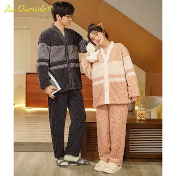Tiki Tarzı Kış Kalın Termal Pijama Seti Çift Kimono Hırka Kadife Pijama Genç Severler için V Yaka Erkek Pijama