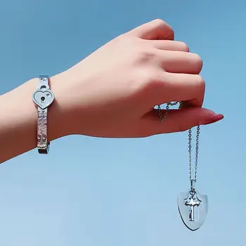Titanyum Bulmaca Çift kalp kilit anahtarı Çift Bilezik Kolye Sevgilisi Takı Hediye