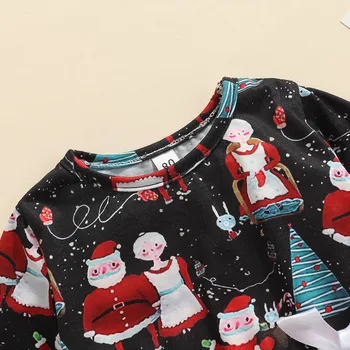 Toddler Bebek Giysileri Bebek Noel Tül Elbise Kız Karikatür Baskı Uzun Kollu Yuvarlak Boyun Yay İle çocuk giyim Seti