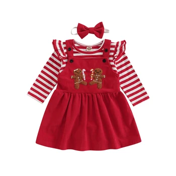 Toddler Bebek Giysileri Kız Noel Şerit Uzun Kollu Yuvarlak Boyun Fırfır çocuk tulumları Zencefilli Kurabiye Adam İşlemeli Önlük Elbise