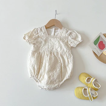 Toddler Bebek Kız Bodysuits Yaz Sevimli Kayısı Nakış Kısa Kollu Tulum Playsuits Bebekler için Pamuk Çocuk Giysileri