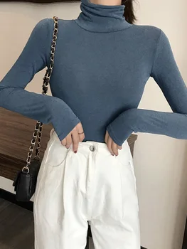 Toptan Moda Katı Renkler Kadın T-Shirt Uzun Kollu İnce Kaplumbağa Boyun Gömlek Kadın siyah taban Üstleri bahar sonbahar Temel Tees