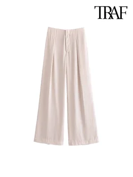 TRAF Kadın Moda Ön Dart Saten Düz Pantolon Vintage Yüksek Bel Fermuar Fly Mujer