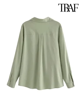 TRAF Kadın Moda Ön Düğme Keten Gevşek Gömlek Vintage V Boyun Uzun Kollu Kadın Bluzlar Blusas Chic Tops