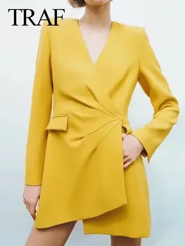 TRAF Moda Moda V Yaka Düzensiz Hem Gizli Gizli Düğme kadın Elbise Rahat Parlak Sarı Banliyö Bayan Elbise