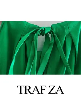TRAF ZA Kolsuz Halter Lace Up Hollow Pileli Tank Top + Katı Yeşil Pantolon Mizaç Günlük Banliyö Geniş Bacak pantolon seti