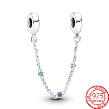 Trendy S925 Gümüş Köpüklü Pavé Zirkon Üçlü Mavi Taş Kelebek Güvenlik Zinciri Charm Fit Pandora Bilezik DIY Takı Hediye