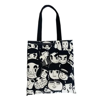 Tuhaf Kafa Baskı Tuval alışveriş çantası Kadınlar için Kadın Siyah kol çantası fermuarlı çanta Büyük Bez Alışveriş çantası Eko Çanta
